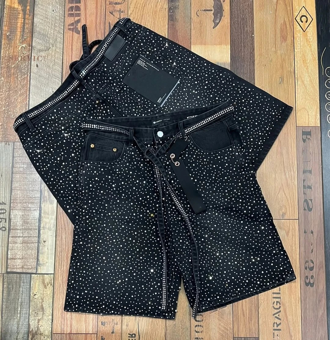 American Retro Rhinestone Sequin Denim Shorts Y2K Jeans Men Women Retro Ribbon Washed Baggy Shorts Low Waist Over The Knee Pants 250825