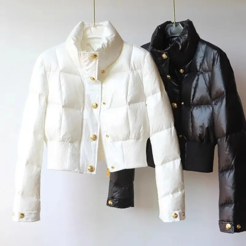 Highend Korean Short Winter Jacket Women Standup Collar Warm Parka Puffer Jacket Light Coat Outdoor Windproof Outerwear Button 250825