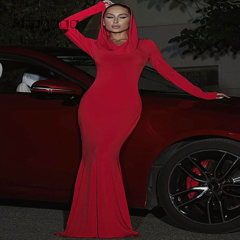 Ahagaga Fashion Sexy Solid Hooded Maxi Dresses Women Elegant Casual Long Sleeve Slim Bodycon Party Vestidos Robes Streetwear 250823