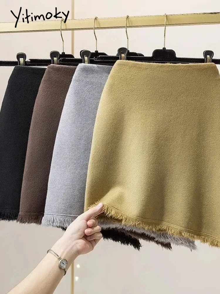 Yitimoky Knitted Skirts for Women Streetwear Vintage Fashion Skirts Solid Tassel Asymmetrical Mini Autumn Winter Skirts 250825