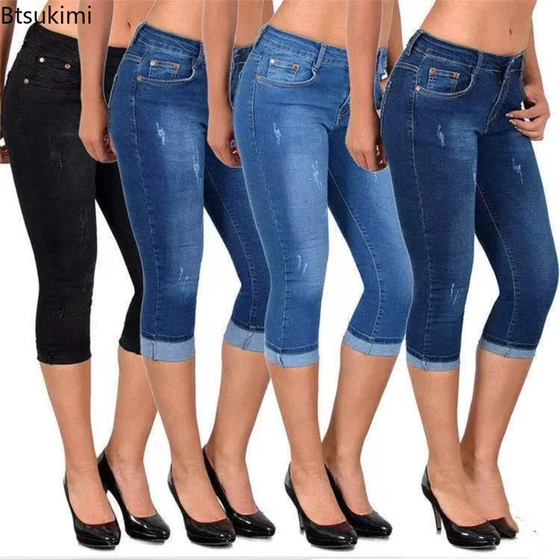 Womens Summer Skinny Denim Pants Jeans Mid Waist Stretch Knee Length Trousers Black Blue Ladies Pencil 250823