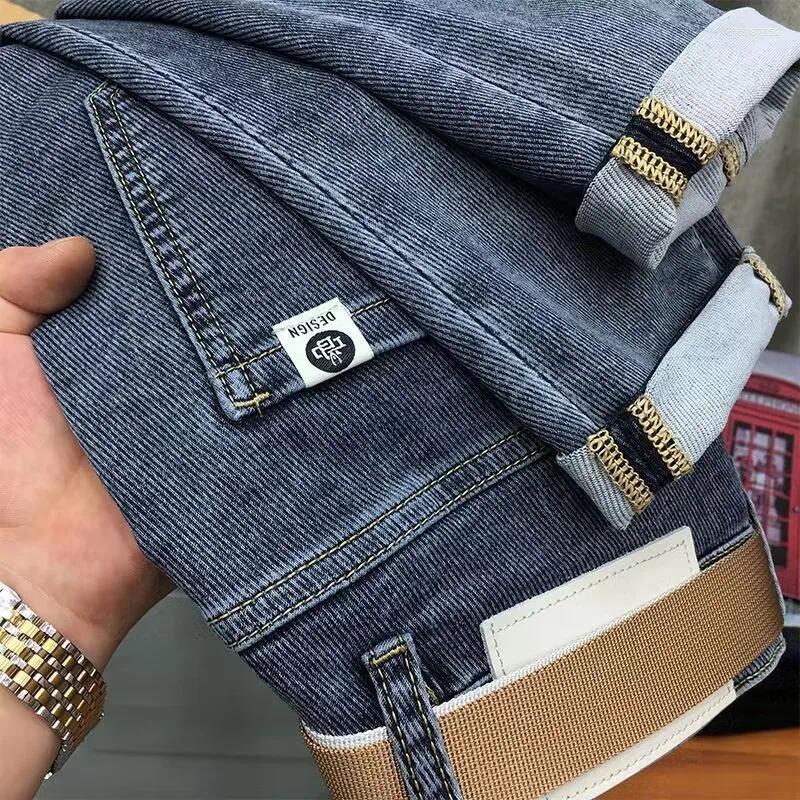Men's Jeans Hong Kong Casual Blue Ey Summer Denim Elastic Waed Slim Fit Long Pants Cotton Stretch Mid Waist Zipper