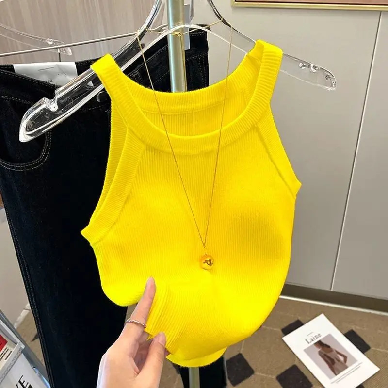 Y2k Knitted UNeck Suspender Vest Womens Ice Silk Inner Wear Spicy Camis Halter Retro Sleeveless Tank Crop Top 250825