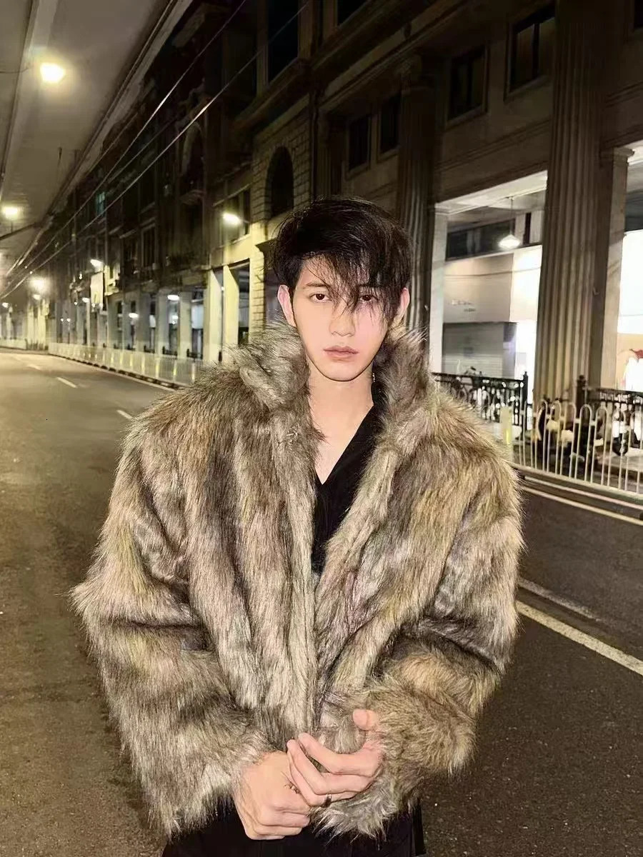 Mens Winter Warm Thicken Coat Artificial Fox Fur Plush Overwear Trendy Street Fashion Outerwear Male Tops 250825