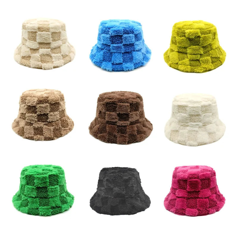 Chessboard Bucket hat Autumn and Winter Versatile Japanese Thermal Cap Plush Korean Big Head Waist Basin Hat 250818