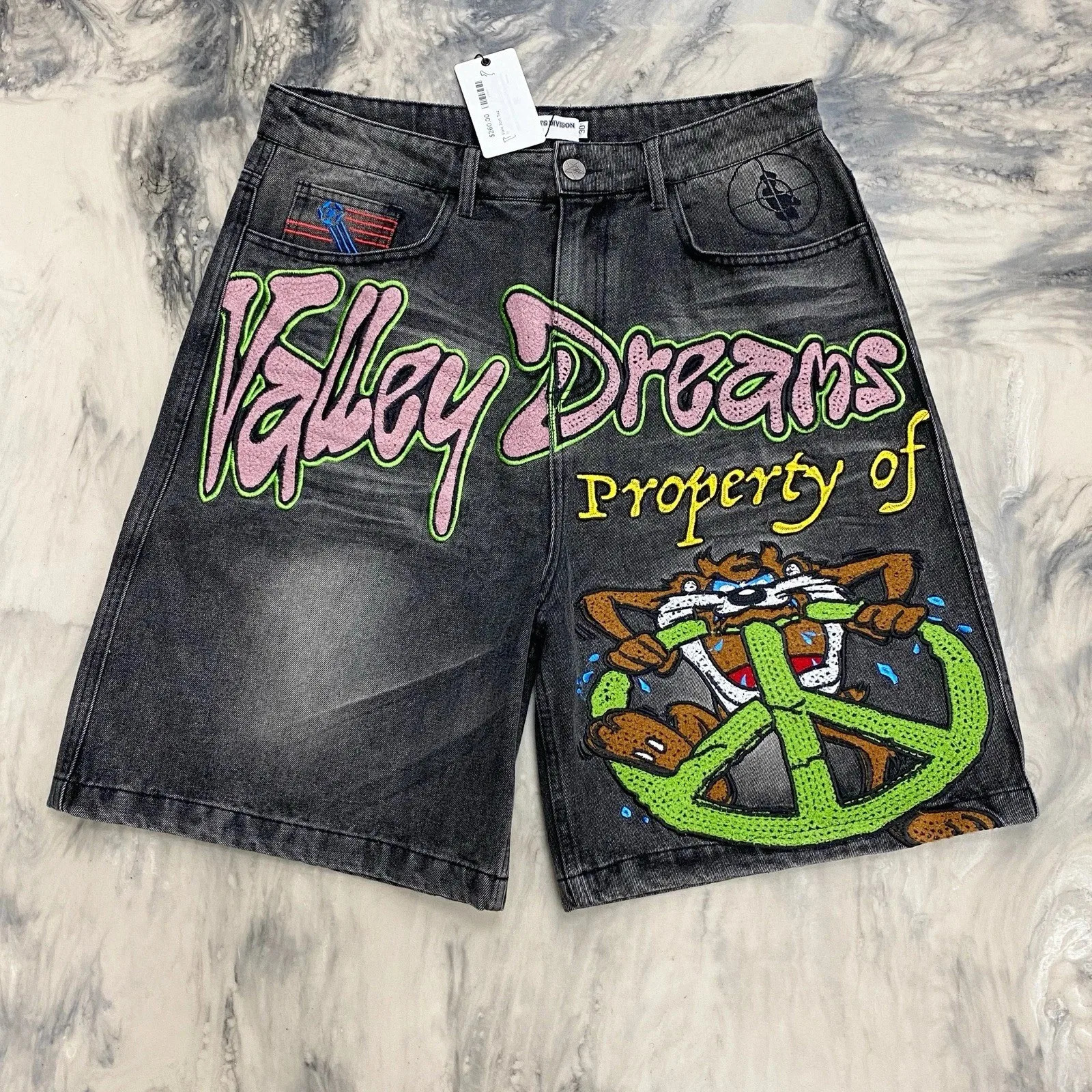 Y2k Black Denim Shorts Baggy Streetwear Embroidery Cartoon Graphics Short Jeans Men Harajuku Hip Hop Loose Fitness Casual Shorts 250825
