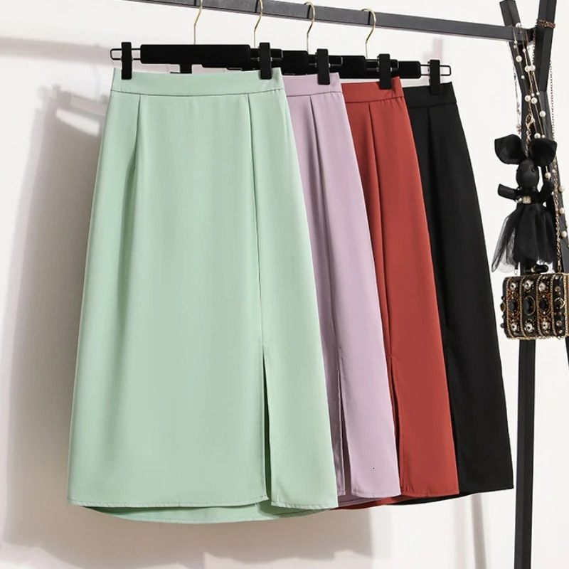 Plus Size Open Slit Sexy Party Skirts Women Korean Style High Waist Solid Elegant Skirt Summer Aline Suit Skirts Y2k Clothes 250825