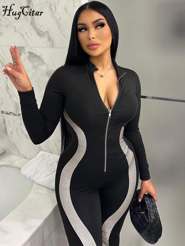 Hugcitar Striped Long Sleeve Zip Up Sexy Bodycon Skinny Jumpsuit Fall Winter Fashion Streetwear Sport Gym Romper Y2K 250825
