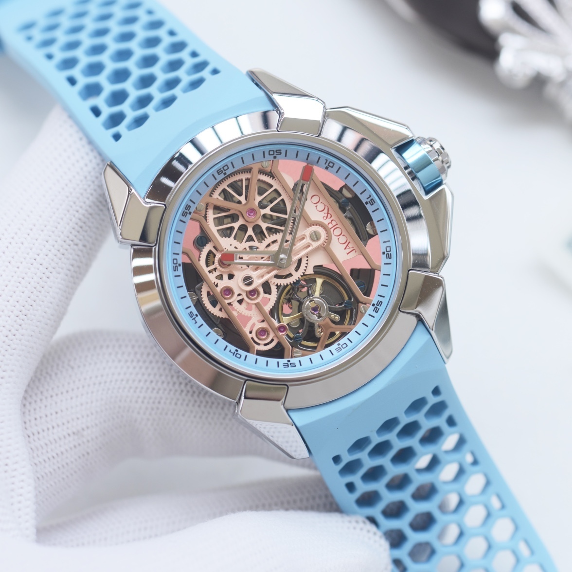 jacobnco watch epic men skeleton watches 10A high quality auto mechanical movement menwatch fly wheel reloj rubber strap uhr montre luxe watchbox XB