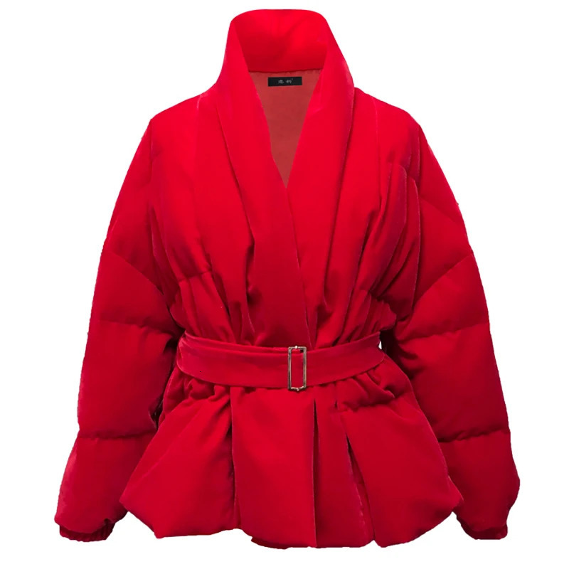 Women Winter Jacket V Neck Belted Warm Thick Cotton Padded Parkas Velvet Jacket Red Long Sleeve Short Casual Down Cotton Jacket 250825