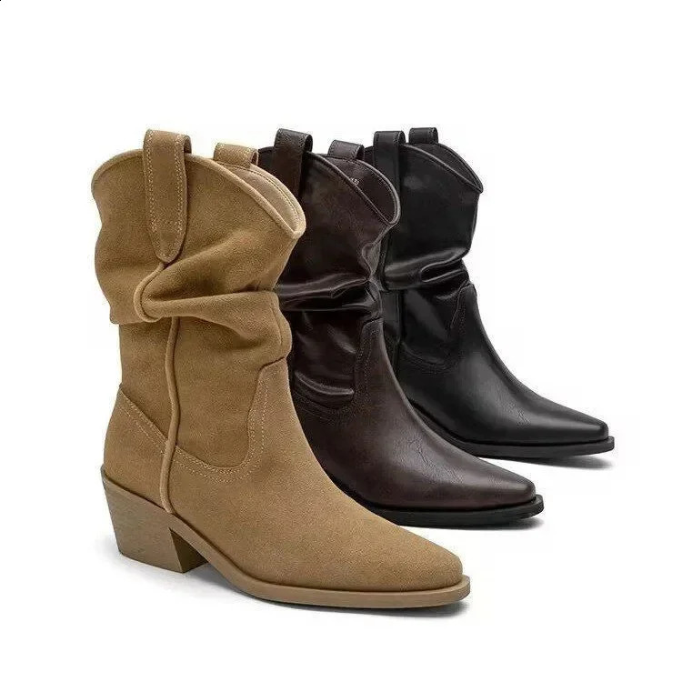 Women Chunky Heeled Western Boots Faux Suede Ankle Boots Woman Autumn Vintage Loose Tube Pleated Mid Calf Cowboy Botas Mujer 250821