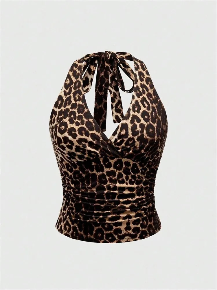 Leopard Printed Vneck Backless Halter Crop Top for Women Summer Sexy Y2K Sleeveless Ruched Top Streetwear 250825