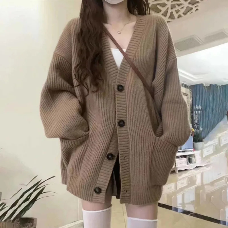 Autumn Winter Women Cardigan Sweater Coats Fashion Female Long Sleeve Vneck Loose Knitted Jackets Casual Sweater Cardigans250825