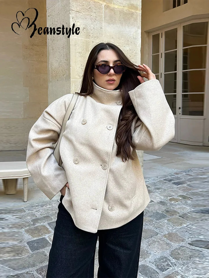 Elegant Stand Collar Solid Jacket Women Casual Double Breasted Long Sleeve Allmatch Loose Jackets Autumn Fashion Coat 250825