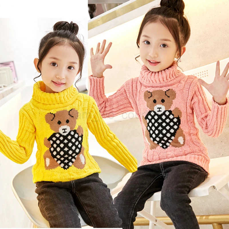 New Winter Keep Warm Girls Sweater Cartoon Bear Pattern High Neck Design Full Sleeve Knitted Shirt Childrens Birthday Present M250825