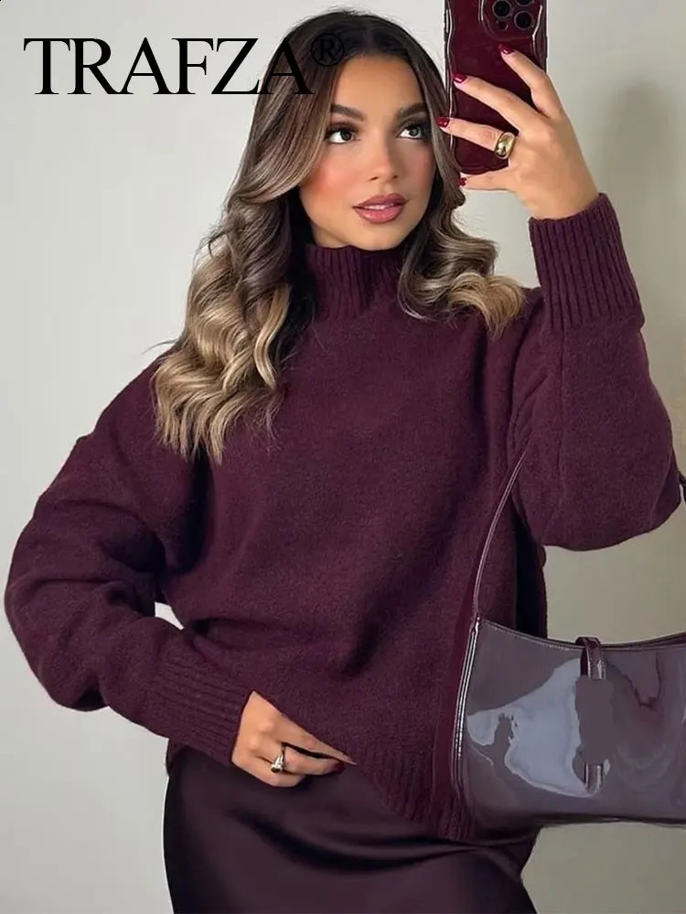 TRAFZA Casual Woman Turtleneck Sweater Solid Long Sleeve Pullover Autumn Elegant Wild Basic Fashion Womens Knitwear 250819