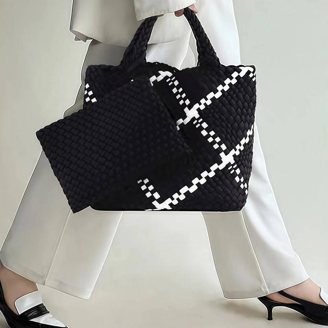 2Pcs Woven For Women Summer Beach Handbag Purse Retro Handmade Travel Shoulder Set Neoprene Weave Tote Bag