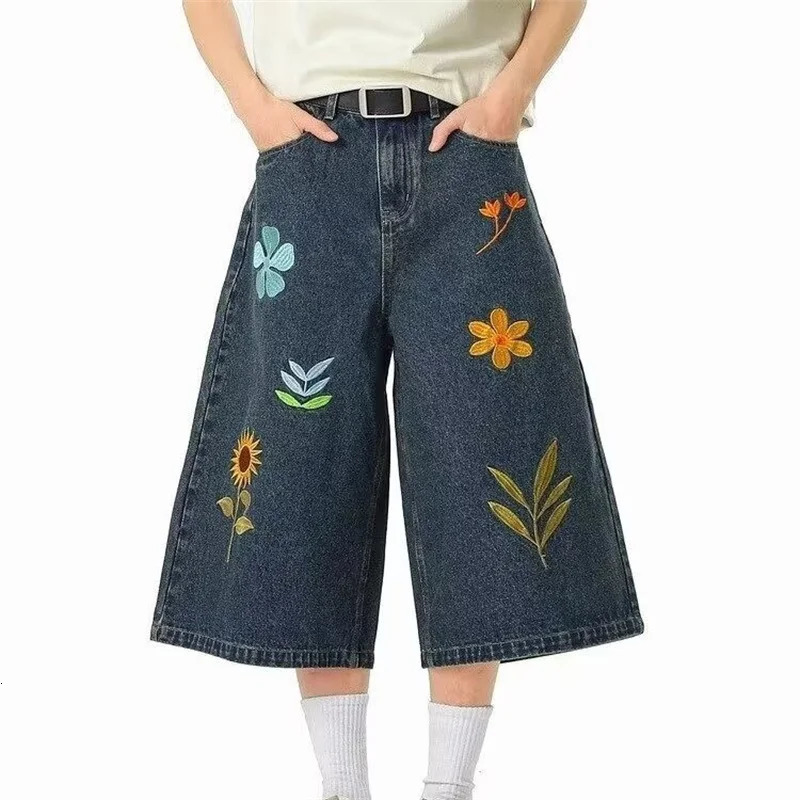 Summer Flower Embroidered Baggy Short Jeans Homme American Streetwear Denim Shorts For Women Y2K Vintage Straight Jorts 250825