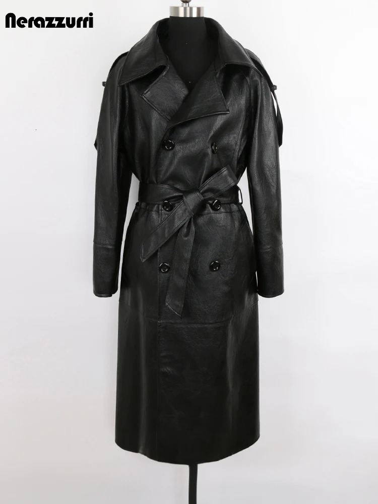 Nerazzurri Spring Autumn Long Waterproof Black Pu Leather Trench Coat Men Sashes Double Breasted Elegant Fashion Clothes 250825