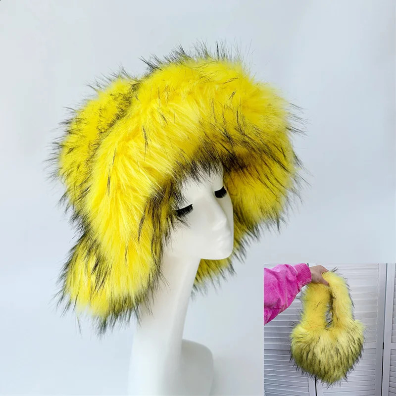 Yellow Fur Hat Small Crossbody Love Bag Winter Warm and Thickened Imitation Raccoon Fur Womens Hat Fur Set 250821