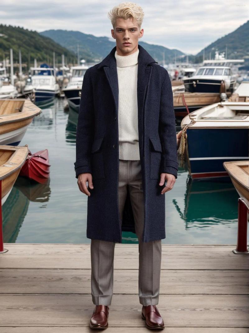 Men's Wool Winter Men Long Woolen Coat Loose Fashion Harajuku Streetwear Windbreaker Casual Solid Color Belt Lapel Overcoat Trench