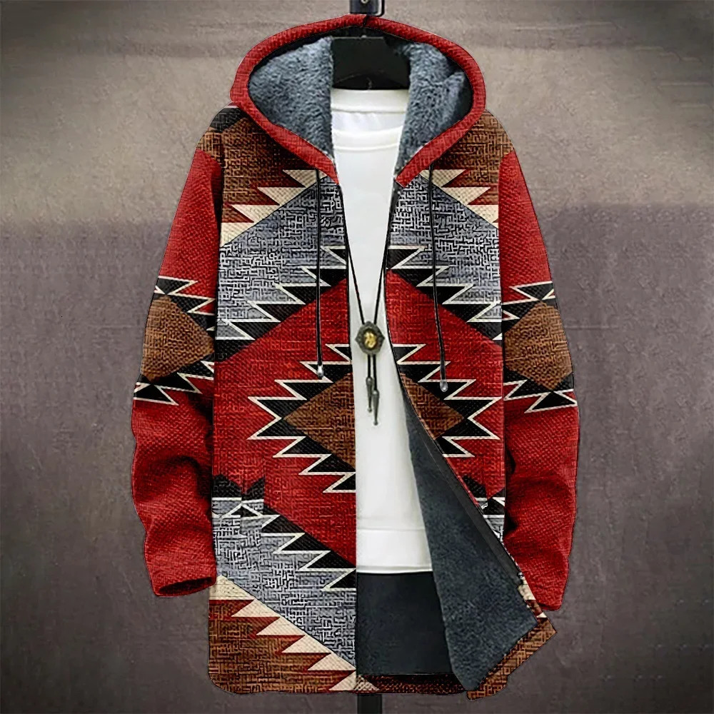 Men Jacket Cardigans Coats Printed Native Retro Aztec Graphics Mid Trench Outdoors Fleece Winter Casual Streetwear Clothing 250825