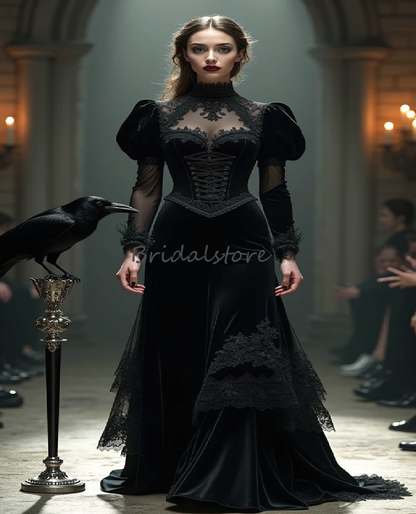Charming Black Witch Wedding Dress Gothic Mermaid Velvet Medeival Bridal Dress 2025 Long Sleeve Renaissance Vampire Costume Bride Gown Robe De Maria