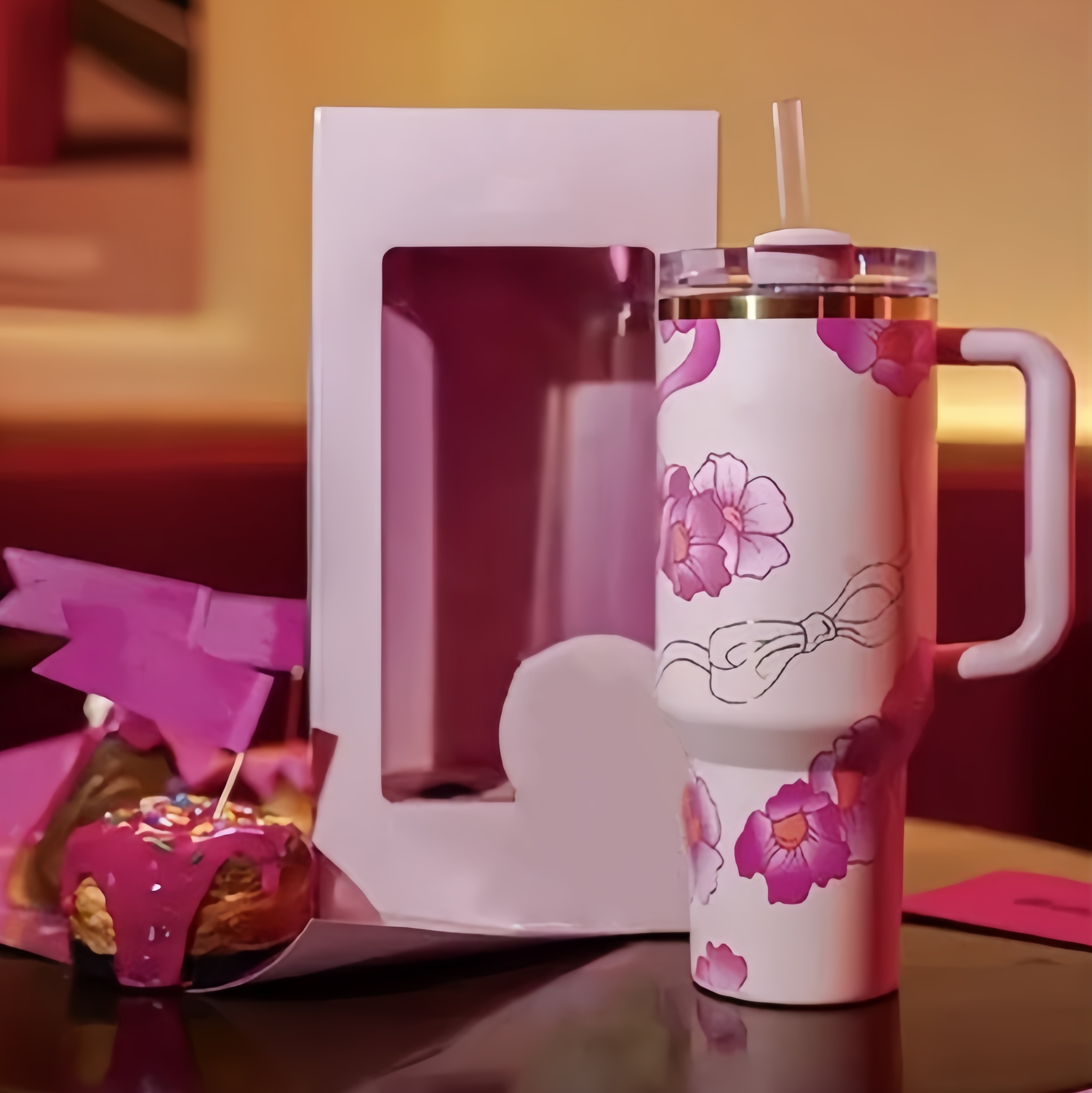 US Warehouse 40 oz Floral Cups With Bow Topper 40oz Christmas Stainless Steel Tumblers with handle Lid And Straw Travel Car Mugs Pink Flamingo Ne-image-630242931
