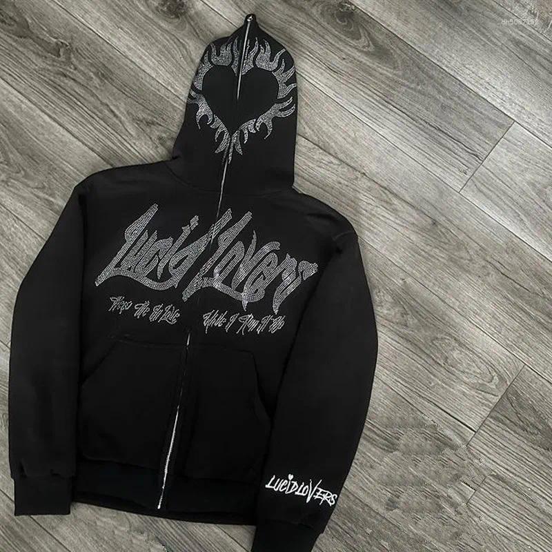 Men's Hoodies Jacket Men Emo Zip Hoodie Rhinestone Pattern Goth Sweatshirt Sport Coat Pullover Gothic Long Sleeve Oversized