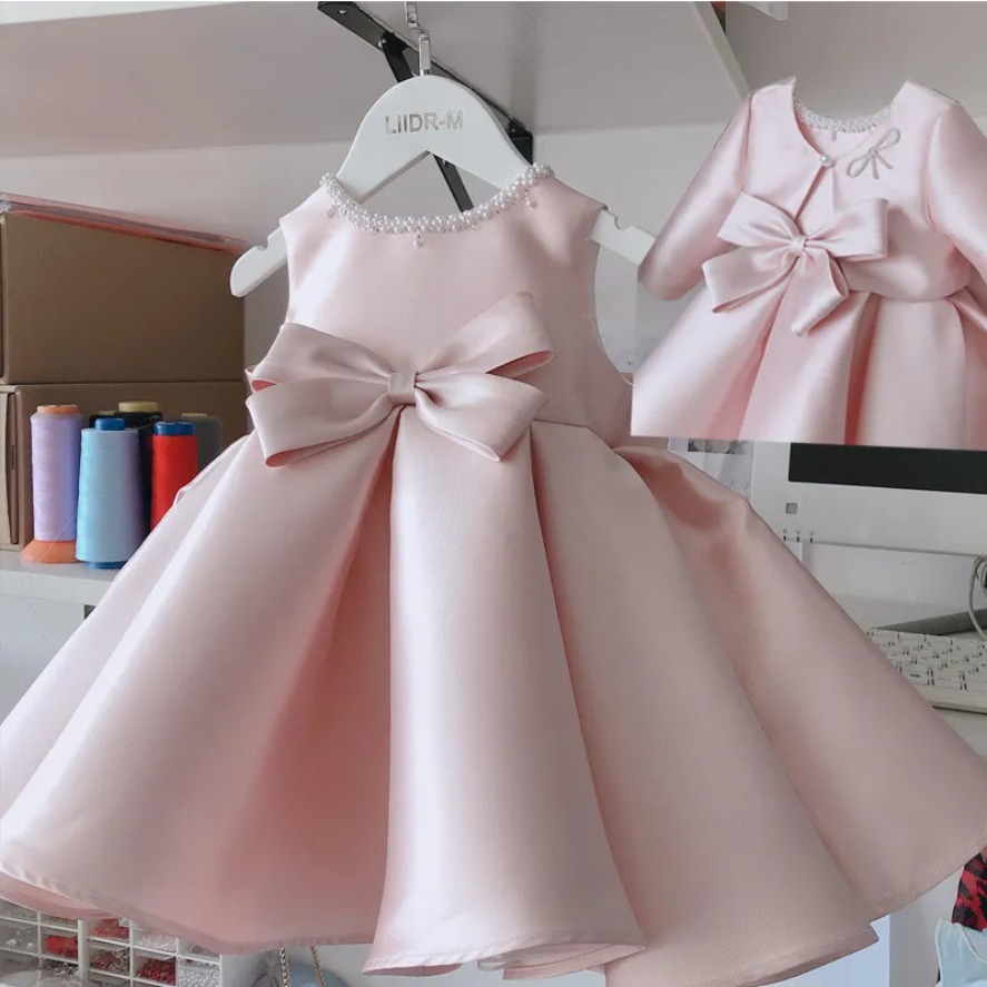 Pink Satin Flower Dresses 2025 For Wedding Appliqued Ball Gown Toddler Gowns Tulle Pearls Big Bow Bridesmaid Girl Pageant First Communion Dress 403