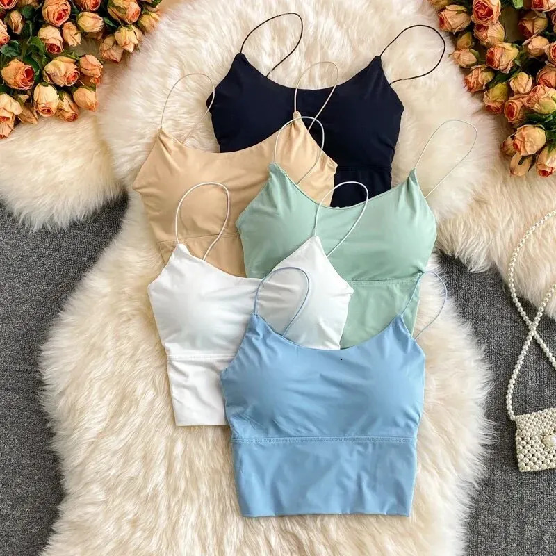 1pc Women Sexy Solid Color Camisole Ice Silk Tube Seamless Sports Tank Top Wireless Underwear Padded Bra Bralette Vest 250825