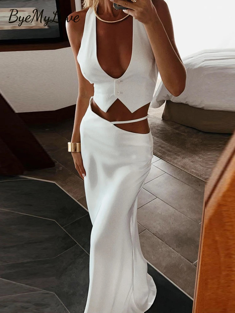 ByeMyLove 2 Pieces Set Maxi Skirts Silk Crop Top With Long Sexy Elegant Evening Party Outfits Summer 250823