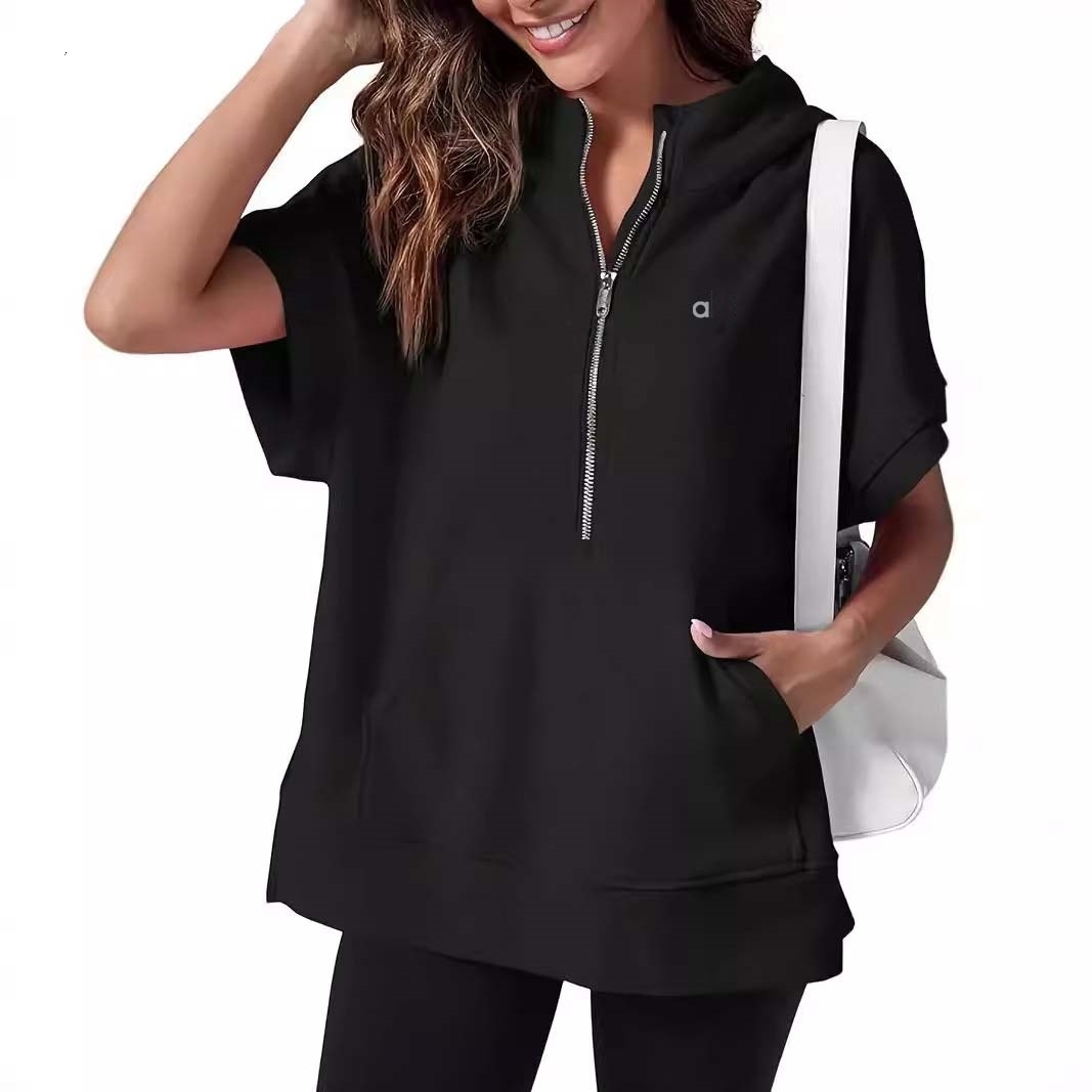 A576 Women Loose Top Solid Color Casual Short Sleeve Hooded Sweater Fitness Sweatshirt-image-1069167167