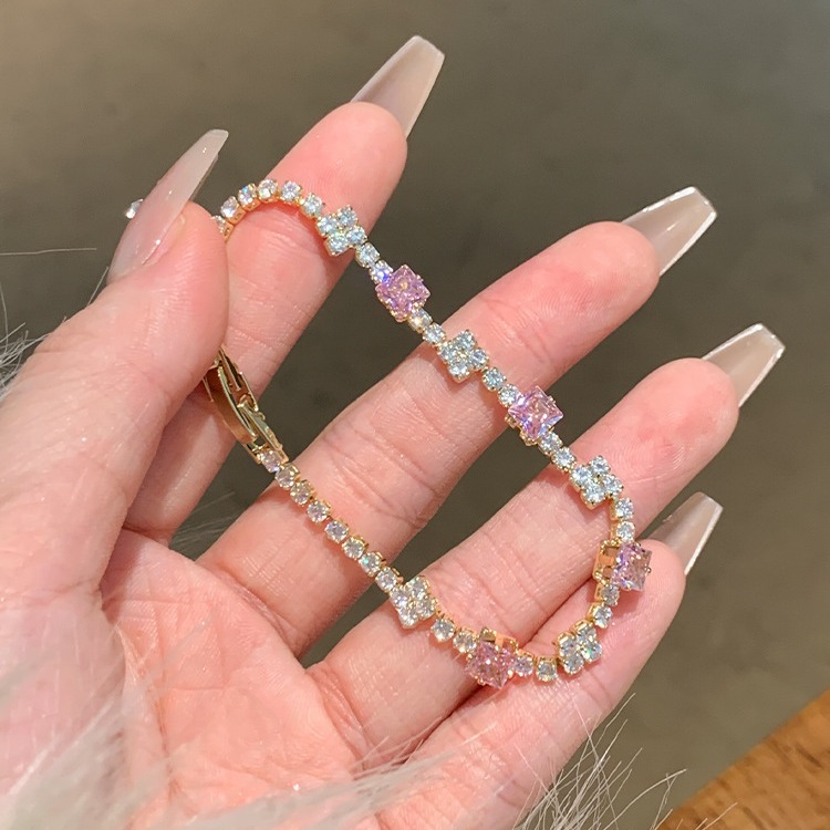 Gold - Tone Square Pink & White Zircon Bracelet Elegant And Sparkling Party And Daily Wear Gift For Her Luxurious And Dainty Jewelry