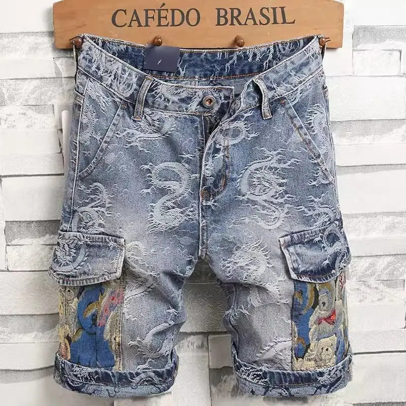 Dragon Embroidered Pants Mens Denim Shorts Mens Summer Thin Overalls Fivepoint Jeans Y2k Clothes Man 250825