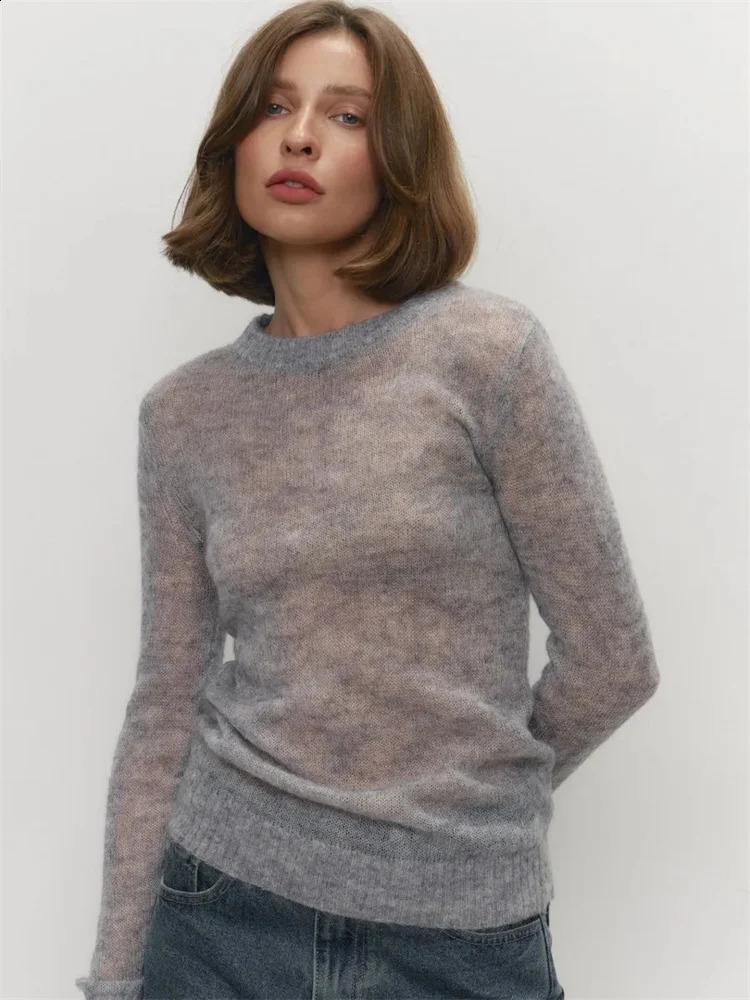 Knitwear See-Through Summer Sweater Pullover Female Sexy Long Sleeve Inner Solid Knit Y2k Top For Women Pullover Clothes 250819