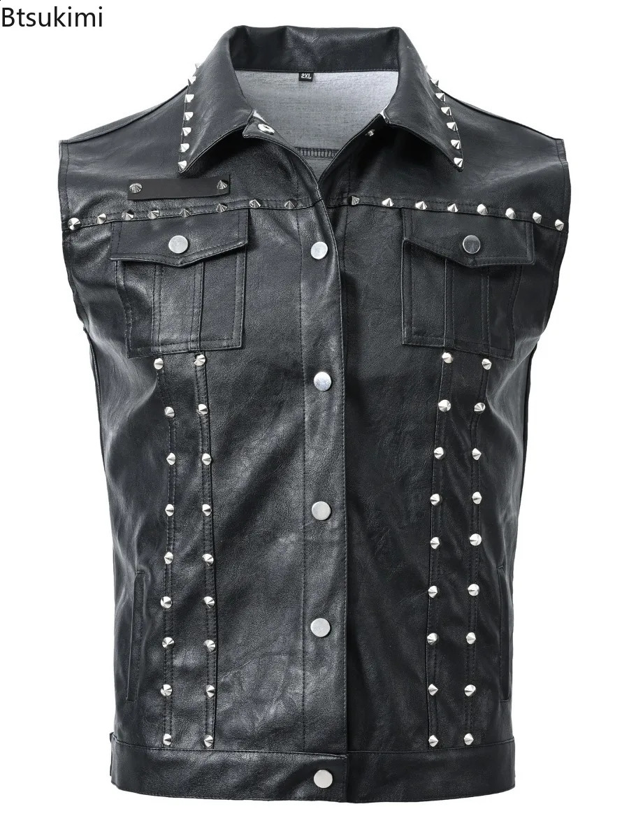 2025 Mens Punk Style Leather Vest Vintage Black Sleeveless Motorcycle Waistcoat with Rivets Fashion High Street PU Jackets Male 250818