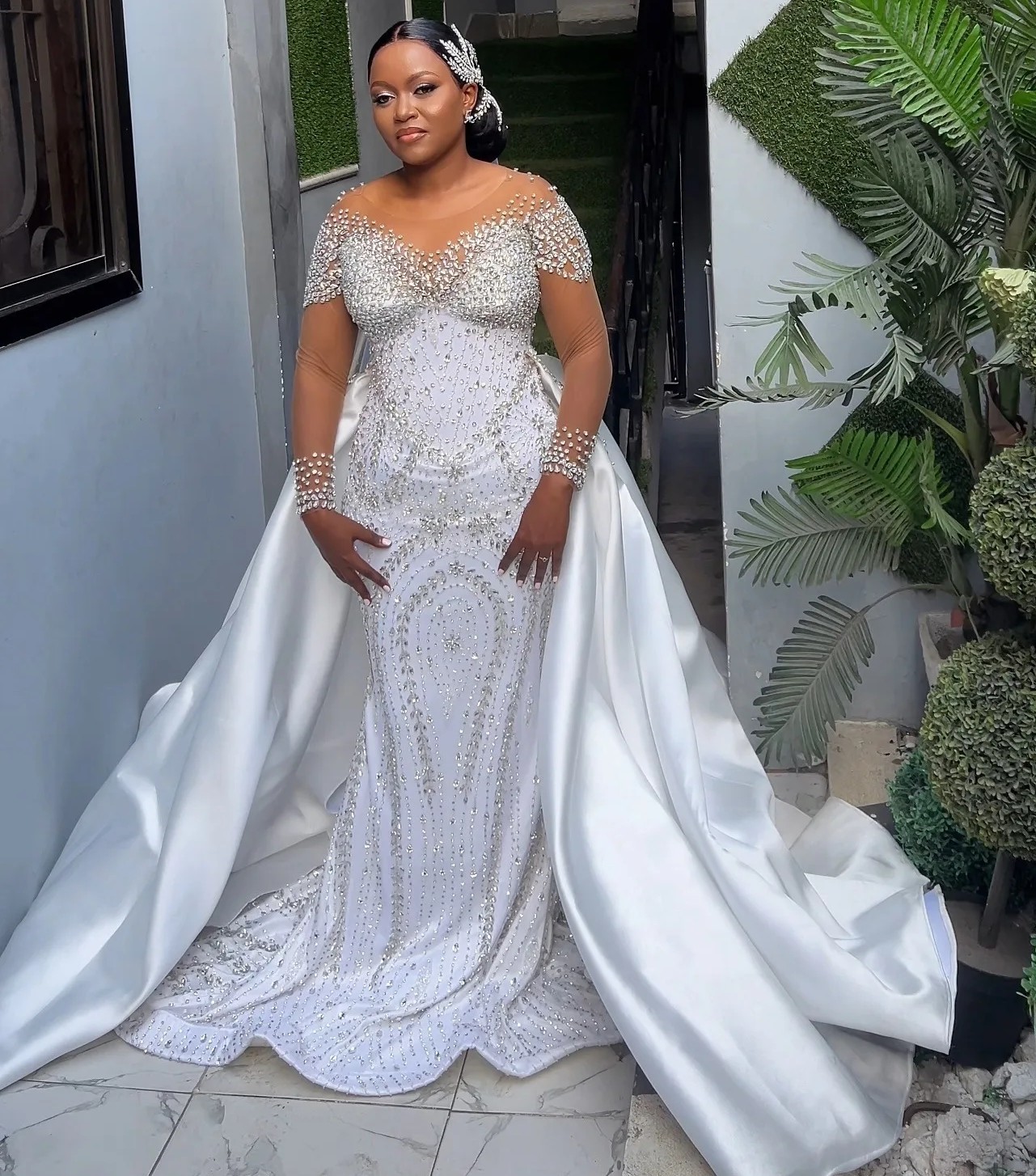 2026 Sparkly Crystals Beads Wedding Dress Removable Skirt Mermaid Bridal Gown Sheer Neck Full Sleeves Bride Dresses Robe Mariage Vestidos De Noivas