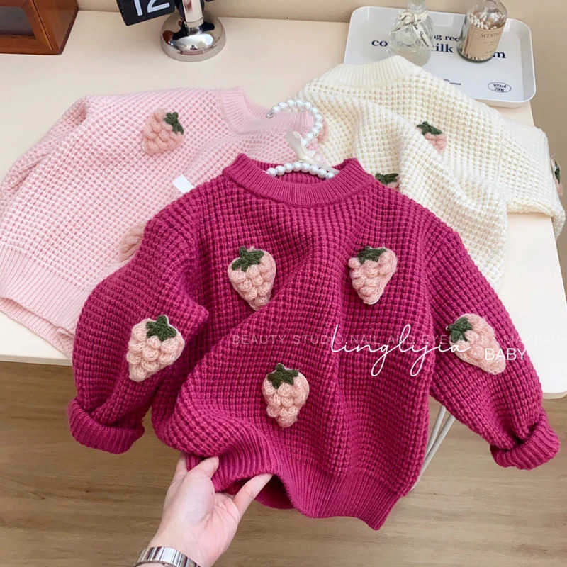 Autumn Winter New Girls Knit Cardigan Coat Strawberry Print Round Neck Sweater Bottoming Shirt For 26Y Kids Warm Knitted Jacket T250825