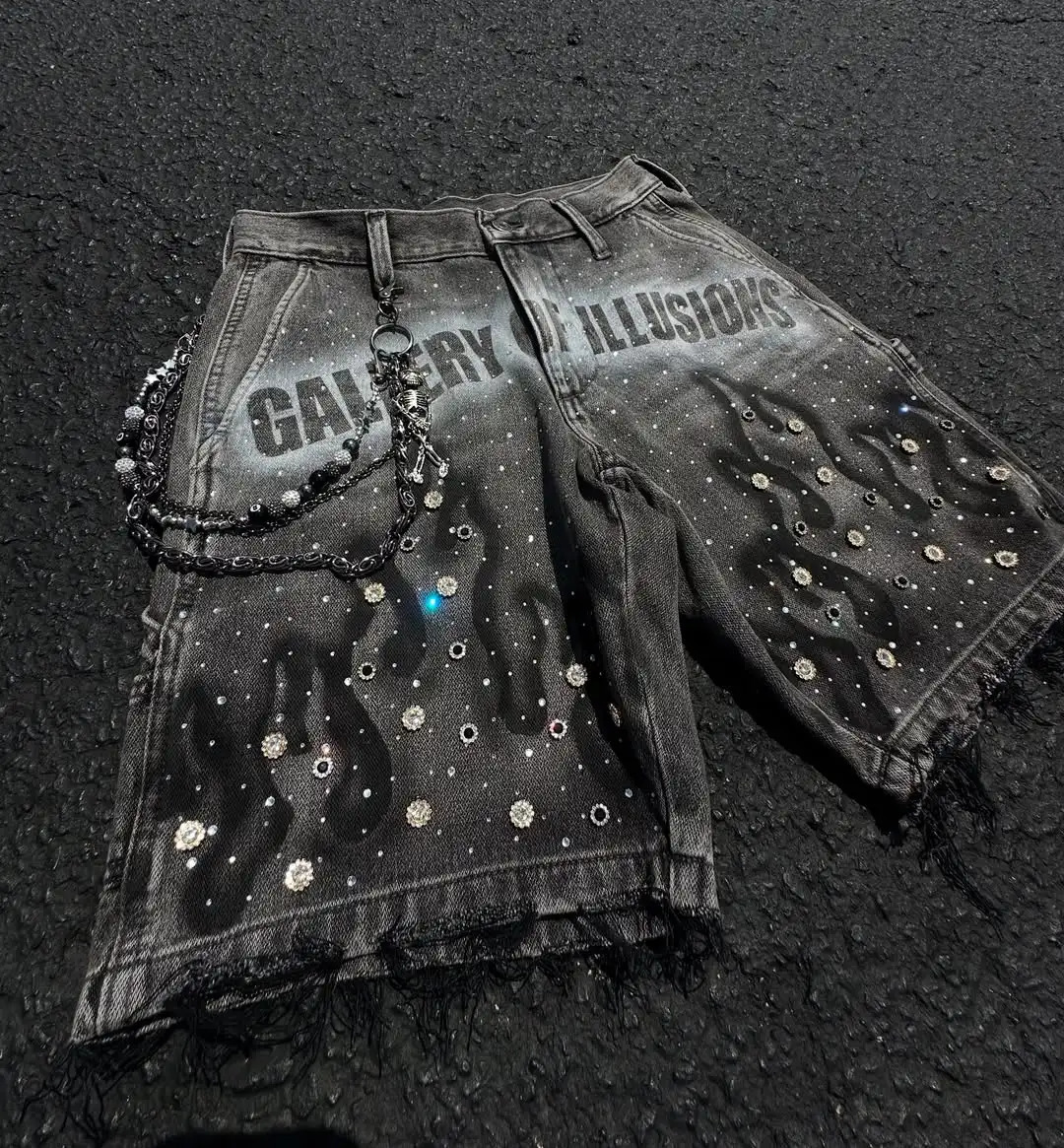 Vintage Crystal Flame Tiedyed Letter Pattern Jeans Men Pattern Old Style High Waist Denim Shorts Fashion Men Hip Hop Streetwear 250825