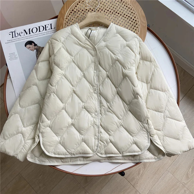 Janveny 2025 Autumn Winter Ultra Light Collarless Soft Puffer Jacket Women Casual Loose Single Breasted 90% Duck Down Coat250825