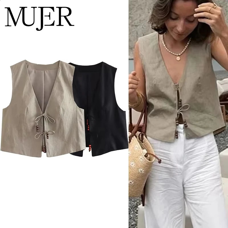 MUJER 2025 Black Cropped Vest Women Jacket Beading Tied Sleeveless Woman Fashion V Neck Summer Short Coats Waistcoat 250818