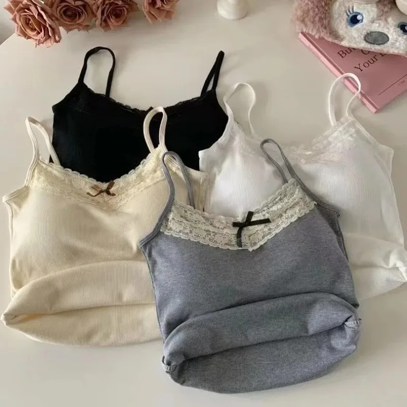 Knitted Crop Top For Women Solid Color Lace Sling Tops Knitwear Tank Top Female Sexy Slim Camisole Sweet Short Beau Back Top 250825