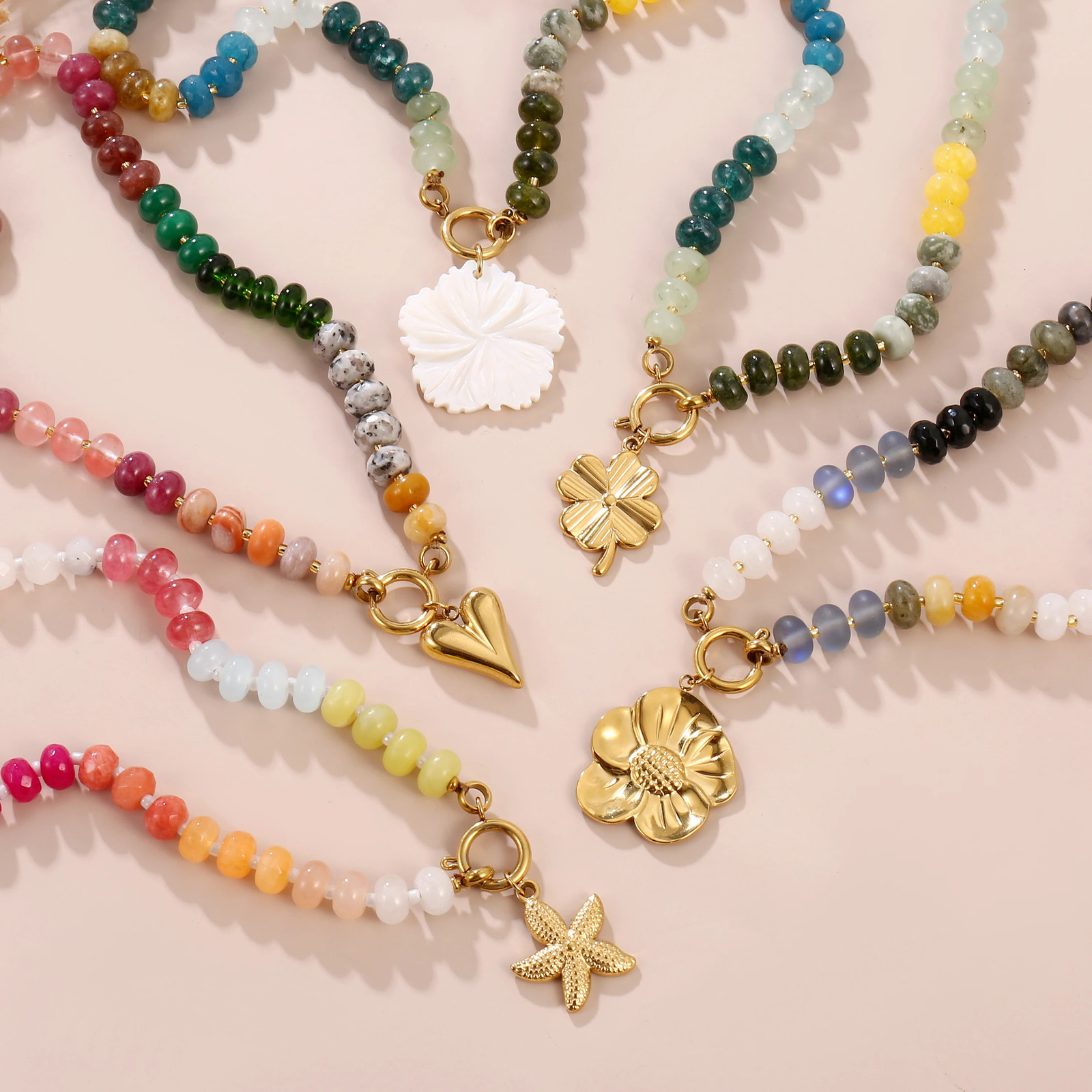 Badu Colorful Natural Stone Beads Stainless Steel Floral Heart Starfish Pendant Necklace for Women Bohemia Jewelry Fashion Gifts 250818