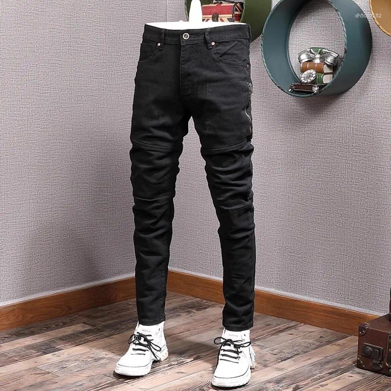 Men's Jeans Casual Designer Fashion Men Black Stretch Slim Fit Zipper Pocket Spliced Vintage Leisure Y2K Denim Pants Hombre