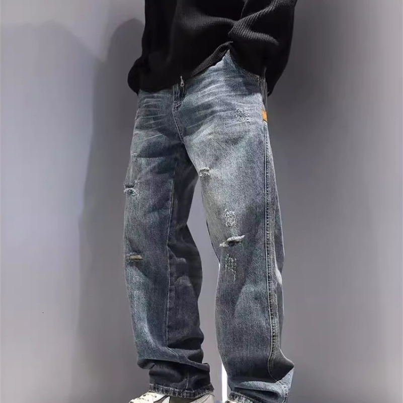 Mens Ripped Jeans Baggy Straight Fashion Vintage Blue Denim Pants Personality Streetwear Hip Hop High Quality Male Trousers250823ww
