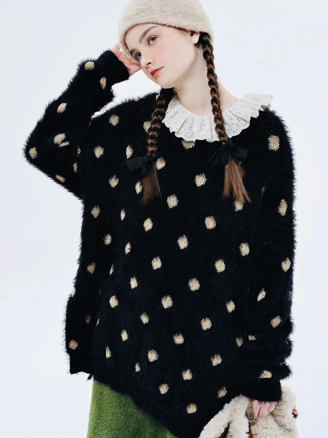 IMAKOKONI original black crewneck pullover print long sleeve autumn winter warm loose sweater women 234394 250819