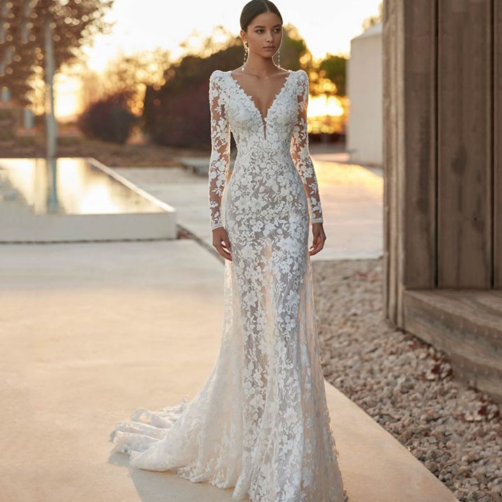Lace Boho Wedding Dresses Sexy Mermaid Illusion Bridal Dress Long Sleeve V Neck Gown Bride New Floor Length Custom Made Color/Size