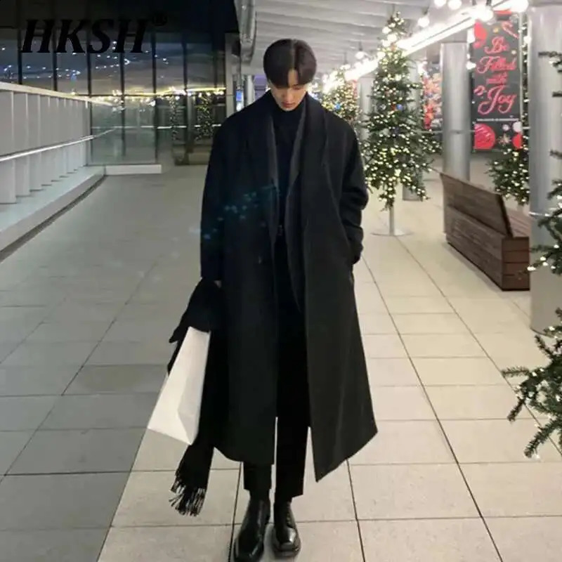 HKSH Autumn Winter Korean Trendy Mens Loose Casual Windbreaker Single-breasted Overcoat Fashion Woolen Long Trench HK2297 250823