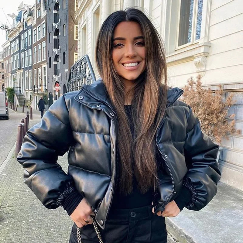 Winter Warm Thick PU Leather Coats Women Short Parkas Fashion Black Cotton Padded Lady Down Jacket Elegant Zipper Bomber Jacket 250825